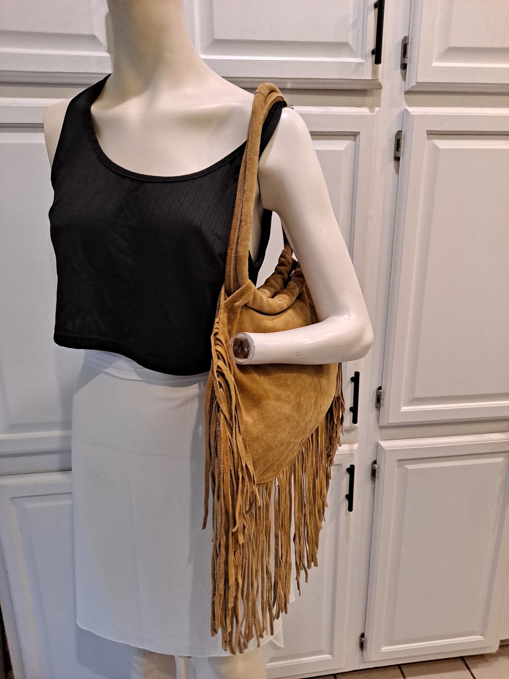 Newport News Easy Style Vintage Tan Suede Fringe Shoulder Bag Boho Saddlebag - Picture 10 of 11